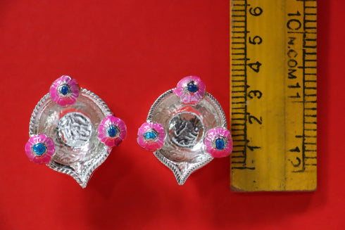 Pure Silver Fancy Diya With Pink Flowers 19.72g